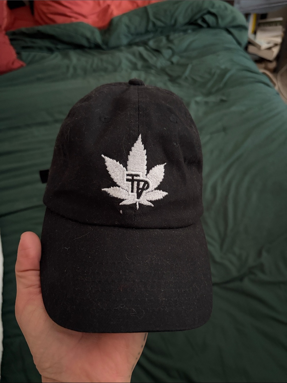 Black Baseball Cap with White Leaf Embroidery